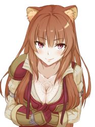 Rule 34 | 1girl, animal ears, blunt bangs, blush, breast tattoo, breasts, brown hair, chest tattoo, cleavage, clothes pull, collarbone, large breasts, long hair, looking at viewer, madamudesu, purple eyes, raccoon ears, raccoon girl, raphtalia, seductive smile, shirt pull, simple background, slave tattoo, smile, solo, tate no yuusha no nariagari, tattoo, teasing, upper body, white background