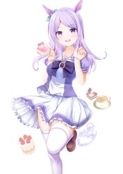 Rule 34 | 1girl, 2021, absurdres, animal ears, aqua bow, aqua ribbon, blouse, bow, cake, candy, cup, dated, ear bow, ear ribbon, food, highres, holding, holding cup, horse ears, horse girl, horse tail, light purple hair, long hair, looking at viewer, mejiro mcqueen (umamusume), open mouth, origami aya, purple eyes, purple shirt, ribbon, school uniform, shirt, simple background, solo, sweets, swept bangs, tail, tea, teacup, tracen school uniform, umamusume, uniform, v, white background