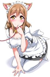 Rule 34 | 1girl, all fours, animal ears, apron, bell, black skirt, blush, brown hair, cat ears, collar, commentary request, frilled apron, frilled sleeves, frills, hand up, jingle bell, kunikida hanamaru, leash, long hair, looking at viewer, love live!, love live! sunshine!!, maid headdress, nail polish, neck bell, no shoes, paw pose, pink nails, short sleeves, skirt, smile, solo, thighhighs, viewer holding leash, white apron, white background, white thighhighs, yellow eyes, yopparai oni