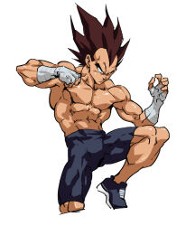 Rule 34 | 1boy, abs, amachu a, bandaged arm, bandages, black shorts, brown hair, commentary, cropped legs, dragon ball, dragonball z, furrowed brow, hashtag-only commentary, highres, male focus, muay thai, muscular, muscular male, serious, shorts, solo, topless male, vegeta