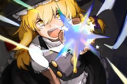 Rule 34 | 1girl, bad id, bad pixiv id, blonde hair, braid, dress, firing, from above, hat, henpei saboten, kirisame marisa, long hair, looking at viewer, magic, open mouth, smile, solo, touhou, witch hat, yellow eyes