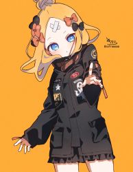 Rule 34 | 1girl, :o, abigail williams (fate), abigail williams (traveling outfit) (fate), black bow, black jacket, blonde hair, blue eyes, blush, bow, commentary request, crossed bandaids, fate/grand order, fate (series), hair bow, hair bun, heroic spirit traveling outfit, highres, jacket, key, long hair, long sleeves, looking at viewer, multiple hair bows, official alternate costume, orange background, orange bow, parted bangs, parted lips, signature, single hair bun, sleeves past wrists, sofra, solo, standing, star (symbol), twitter username