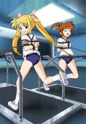Rule 34 | 2girls, arms behind back, ass, bdsm, blonde hair, bondage, bound, bow, brown hair, buruma, clenched teeth, closed eyes, daikinbakuju, exhausted, fate testarossa, female focus, from behind, full body, gym uniform, hair bow, hair ribbon, highres, indoors, legs, long hair, looking at viewer, looking back, lyrical nanoha, multiple girls, open mouth, red eyes, ribbon, rope, running, short hair, short twintails, socks, teeth, thighs, treadmill, twintails