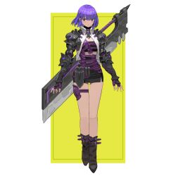 Rule 34 | 1girl, absurdres, armor, arowana2111, black armor, blunt bangs, blush, border, brown footwear, closed mouth, commentary, dated commentary, english commentary, fingerless gloves, fingernails, full body, gloves, glowing, grey eyes, highres, huge weapon, original, pauldrons, purple gloves, purple hair, short hair, shoulder armor, solo, spikes, sword, thigh strap, vambraces, weapon, white border