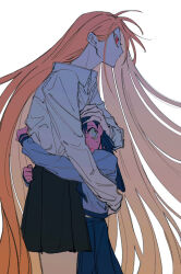 Rule 34 | 2girls, black skirt, blonde hair, blue eyes, blue hair, blue shirt, blush, closed mouth, collared shirt, commentary request, earrings, fingernails, hand on another&#039;s back, hand on another&#039;s head, height difference, highres, hug, jewelry, long fingernails, long hair, long sleeves, multiple girls, naotin3333, open mouth, original, pleated skirt, red eyes, school uniform, serafuku, sharp fingernails, shirt, simple background, skirt, stud earrings, sweat, very long hair, white background, white shirt, yuri