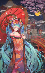 Rule 34 | 1girl, absurdly long hair, absurdres, blue eyes, blue hair, breasts, bridge, catxuan, cherry blossoms, cleavage, floral print, flower, full moon, hair flower, hair ornament, hatsune miku, highres, japanese clothes, kimono, large breasts, long hair, moon, night, off shoulder, oil-paper umbrella, outdoors, solo, standing, twintails, umbrella, very long hair, vocaloid