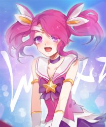 Rule 34 | 1girl, alternate costume, geoly, league of legends, lux (league of legends), open mouth, pink eyes, pink hair, ribbon, sky, smile, solo, star (sky), star guardian (league of legends), star guardian lux, starry sky, twintails