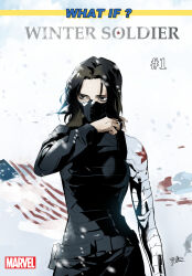 Rule 34 | 1girl, american flag, belt, black belt, black bodysuit, black mask, blood, bodysuit, breasts, brown hair, buttons, captain america: the winter soldier, captain america (series), character name, chinese commentary, english text, fingernails, genderswap, genderswap (mtf), green eyes, hand up, highres, james buchanan barnes, looking to the side, luo jie, marvel, marvel cinematic universe, mask, medium breasts, mouth mask, outdoors, pocket, prosthesis, prosthetic arm, short hair, snow, snowing, solo, star (symbol), winter, winter soldier