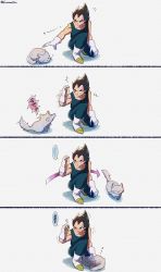 Rule 34 | ..., 1boy, 4koma, animal, annoyed, arrow (symbol), attack, black eyes, black hair, blush, boots, cat, clenched teeth, comic, constricted pupils, dragon ball, dragon ball super, dragon ball super broly, expressionless, frown, full body, gloves, grey cat, highres, kneeling, kuroxmitsu kinako, looking down, male focus, o o, outstretched arm, parted lips, reaching, reaching towards viewer, scared, serious, shadow, simple background, sleeping, speech bubble, spiked hair, spoken ellipsis, spoken squiggle, squiggle, surprised, teeth, translation request, trembling, twitter username, vegeta, white background, white gloves, wide-eyed, zzz