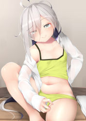 Rule 34 | 1girl, ahoge, arm behind back, asashimo (kancolle), bad id, bad pixiv id, blue eyes, blush, breasts, camisole, closed mouth, collarbone, covered erect nipples, desk, fang, gradient hair, green panties, grey hair, hair over one eye, indoors, kantai collection, leg up, long hair, long sleeves, looking at viewer, multicolored hair, navel, ne an ito, open clothes, panties, partially visible vulva, ponytail, sitting, small breasts, smile, solo, underwear