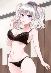 Rule 34 | 1girl, :d, bare arms, bare shoulders, beret, black bra, black hat, black panties, blush, bra, breasts, cleavage, collarbone, cosaten, cowboy shot, hand up, hat, indoors, kantai collection, kashima (kancolle), large breasts, lingerie, navel, open mouth, panties, shiny skin, short hair, short twintails, sidelocks, silver hair, smile, solo, standing, stomach, thigh gap, twintails, underwear, underwear only, wavy hair