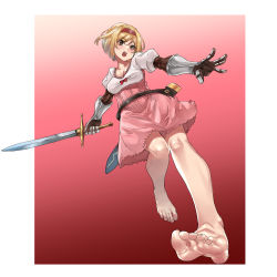 Rule 34 | 1girl, bare legs, barefoot, blonde hair, boots, border, breasts, brown eyes, cleavage, djeeta (granblue fantasy), dress, eiji (eiji), evolution championship series, feet, foot focus, foreshortening, full body, gauntlets, gloves, granblue fantasy, hair ornament, hairband, highres, holding, holding sword, holding weapon, looking at viewer, medium breasts, open mouth, pink dress, puffy sleeves, sheath, short dress, short hair, simple background, smile, solo, sword, weapon, white border