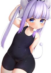 Rule 34 | 1girl, absurdres, arm up, bike shorts, blue eyes, cameltoe, collarbone, commentary request, covered navel, cowboy shot, highres, holding, holding own hair, horns, kanna kamui, kobayashi-san chi no maidragon, long hair, ribbon, shorts, silver hair, solo, tail, tank top, teii (teii0205), thighs, upper body