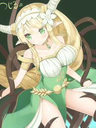 Rule 34 | 1girl, bare shoulders, blonde hair, blush, bound, breasts, collarbone, copyright request, dress, green eyes, highres, horns, large breasts, long hair, pointy ears, signature, tentacles, twin-7646, very long hair