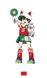 Rule 34 | 1girl, 2018 fifa world cup, :d, animal ears, black hair, blue footwear, cleats, fake animal ears, full body, grey eyes, hat, joints, morocco, open mouth, red legwear, robot joints, shin guards, simple background, smile, soccer, solo, white background, world cup, yu yanshu