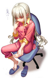 Rule 34 | 1girl, alternate hairstyle, applying pedicure, as109, barefoot, blue eyes, blush, chair, clenched teeth, clipping nails, clipping toenails, commentary request, feet, from above, highres, kagura gumi, kagura mea, long hair, long sleeves, nail clippers, one eye closed, pajamas, pants, revision, simple background, sitting, slippers, solo, straight hair, teeth, toes, very long hair, virtual youtuber, wavy hair, white background, white hair