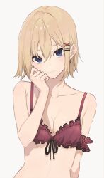 Rule 34 | 1girl, absurdres, arm garter, bare shoulders, bario, blonde hair, blue eyes, bra, breasts, cleavage, collarbone, expressionless, frilled bra, frills, front-tie bra, front-tie top, hair ornament, hairclip, hand up, highres, looking at viewer, medium breasts, original, red bra, short hair, simple background, solo, underwear, upper body, white background, x hair ornament