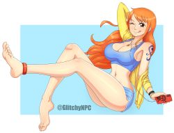 Rule 34 | 1girl, :d, absurdres, arm up, barefoot, blue background, breasts, brown eyes, cellphone, cleavage, closed mouth, collarbone, crop top, curvy, earphones, feet, full body, glitchynpc, highres, jewelry, large breasts, legs, long hair, long sleeves, looking at viewer, midriff, nami (one piece), navel, necklace, off shoulder, one eye closed, one piece, open mouth, orange hair, phone, shorts, shoulder tattoo, smartphone, smile, soles, solo, stomach, tattoo, thighs, toes, tongue, tongue out, two-tone background, white background, wide hips, wink