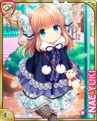 Rule 34 | 1girl, blue dress, blue eyes, bow, brown hair, character name, closed mouth, day, dress, flower, girlfriend (kari), hair bow, hair ornament, long hair, official art, outdoors, qp:flapper, ribbon, smile, solo, standing, standing on one leg, two side up, white headwear, yuuki nae
