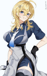 Rule 34 | 1girl, ahoge, blonde hair, blue eyes, blue shirt, blush, breasts, chamumi (mochiumee), collared shirt, gloves, hair between eyes, hair ornament, hairclip, highres, kantai collection, large breasts, looking at viewer, medium hair, shirt, simple background, smile, solo, tuscaloosa (kancolle), white background