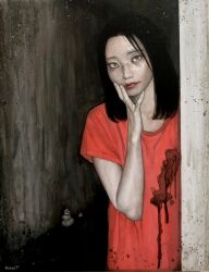 Rule 34 | 1girl, acrylic paint (medium), black hair, commentary request, expressionless, grey eyes, hallway, hand on own face, highres, medium hair, original, painting (medium), realistic, red shirt, rock, satou t, shirt, solo, stain, stained clothes, t-shirt, traditional media, upper body