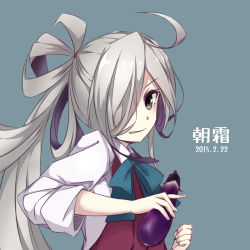 Rule 34 | 10s, 1girl, ahoge, asashimo (kancolle), blue eyes, bow, bowtie, character name, colis (regunm772), collared shirt, dated, eggplant, grey eyes, grey hair, hair over one eye, kantai collection, long hair, long sleeves, looking at viewer, multicolored hair, ponytail, shirt, simple background, solo, two-tone hair, upper body, white shirt