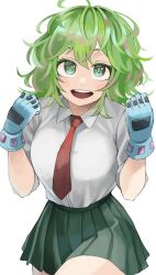 Rule 34 | 1girl, :d, absurdres, boku no hero academia, collared shirt, fengling (furin-jp), gloves, green eyes, green hair, green skirt, hagakure tooru, highres, looking at viewer, messy hair, multicolored hair, necktie, open mouth, pleated skirt, red necktie, school uniform, shirt, simple background, skirt, smile, solo, standing, thick eyelashes, two-tone hair, u.a. school uniform, unusually visible, white background, white shirt