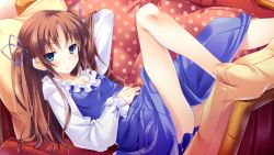 Rule 34 | 1girl, blush, breasts, brown hair, cleavage, dress, flat chest, game cg, green eyes, guardian place, hair ornament, highres, legs, long hair, looking at viewer, lying, ootori aoi, pillow, solo, tsurugi hagane, twintails