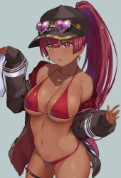 Rule 34 | 1girl, alternate skin color, baseball cap, bikini, black hat, black jacket, breasts, cleavage, collarbone, dark-skinned female, dark skin, earrings, eyewear on headwear, fang, hai ookami, hat, heart, heart earrings, heart necklace, heterochromia, holding clothes, holding shorts, hololive, houshou marine, houshou marine (summer), jacket, jewelry, large breasts, long hair, long sleeves, looking at viewer, navel, necklace, o-ring, o-ring thigh strap, parted lips, ponytail, red bikini, red hair, shorts, solo, sunglasses, swimsuit, tan, thigh strap, unworn shorts, virtual youtuber, yellow eyes