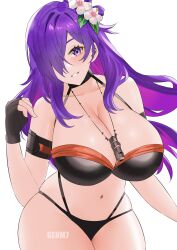Rule 34 | 1girl, absurdres, breasts, cleavage, fire emblem, fire emblem: three houses, fire emblem warriors: three hopes, genm7, hair between eyes, highres, large breasts, nintendo, purple hair, shez (female) (fire emblem), shez (female) (summer) (fire emblem), shez (fire emblem), signature, solo, tagme, thick thighs, thighs, tight clothes, water, wide hips