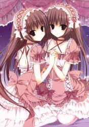 Rule 34 | 2girls, absurdres, black eyes, brown hair, copyright request, dress, frills, hairband, holding hands, highres, inugami kira, lolita fashion, lolita hairband, multiple girls, siblings, sisters, too many, twins