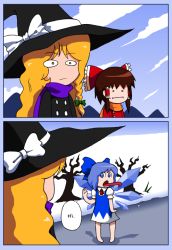 Rule 34 | 2koma, 3girls, bad deviantart id, bad id, blonde hair, blue eyes, blue hair, bow, cirno, comic, dress, fairy, hair bow, hakurei reimu, hat, ice, kirisame marisa, multiple girls, paradise-wonder, perfect cherry blossom, pigeon-toed, scarf, short hair, source request, tongue, touhou, wings, witch, witch hat, yellow eyes