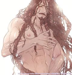 Rule 34 | 1boy, abs, absurdly long hair, backlighting, bara, brown hair, check copyright, completely nude, copyright request, covering crotch, covering privates, facial hair, goatee, grabbing, i reibun, large pectorals, long hair, looking down, male focus, mature male, muscular, muscular male, mustache, navel, nipple stimulation, nipple tweak, nipples, nude, old, old man, original, pectoral grab, pectorals, solo, stomach, tweaking own nipple, upper body, very long hair, wrinkled skin