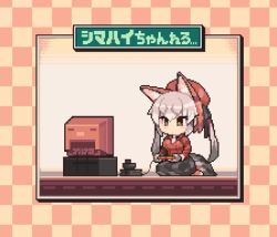 Rule 34 | 1girl, animal ears, animated, blazer, controller, crt, gloves, hat, holding, holding controller, island fox (kemono friends), jacket, kemono friends, kemono friends v project, long hair, looking at viewer, midoribox, necktie, o o, open mouth, pixel art, playing games, school uniform, shirt, shoes, silver hair, simple background, skirt, smile, solo, tail, twintails, very long hair, video, virtual youtuber