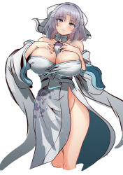 Rule 34 | 1girl, absurdres, bare shoulders, between breasts, blue eyes, blush, bow, breasts, cleavage, cropped legs, detached sleeves, grey hair, hair bow, hey taisyou, highres, huge breasts, japanese clothes, kimono, large breasts, looking at viewer, no panties, obi, parted lips, sash, scroll, senran kagura, short hair, simple background, solo, white background, white bow, wide sleeves, yumi (senran kagura)