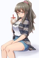 Rule 34 | 1girl, alternate costume, blue shorts, breasts, brown eyes, brown hair, bubble tea, clothes writing, commentary request, cutoffs, denim, denim shorts, drinking straw, forneus 0, futaba rio, glasses, grey shirt, highres, invisible chair, large breasts, long hair, looking at viewer, open clothes, plaid, plaid shirt, ponytail, seishun buta yarou, shirt, shorts, simple background, sitting, solo, white background, white shirt