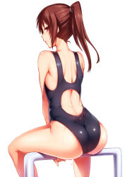 Rule 34 | 1girl, ass, back, brown eyes, brown hair, competition swimsuit, from behind, highres, looking at viewer, looking back, one-piece swimsuit, original, ponytail, scrunchie, sitting, solo, swimsuit, toned, tsuki tokage, wet