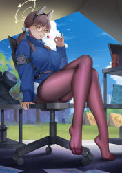 Rule 34 | 1girl, absurdres, blue archive, boots, unworn boots, candy, chair, crossed legs, feet, food, glasses, highres, light blush, light brown hair, lollipop, long hair, looking at viewer, low twintails, moe (blue archive), panties, panties under pantyhose, pantyhose, pantyshot, saliva, saliva trail, shoes, unworn shoes, sitting, toes, tongue, tongue out, turtleneck, twintails, underwear, yellow eyes