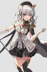 Rule 34 | 1girl, adapted costume, ascot, black skirt, black thighhighs, blue eyes, commentary request, dress, gloves, grey background, grey dress, highres, kantai collection, kashima (kancolle), long hair, looking at viewer, pleated skirt, red ascot, seven (shijima), sidelocks, silver hair, simple background, skirt, sleeveless, smile, solo, staff, standing, thighhighs, twintails, wavy hair, white gloves