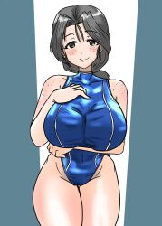 1girl blue_one-piece_swimsuit blush breasts closed_mouth freckles girls_und_panzer green_eyes grey_hair large_breasts long_hair looking_at_viewer moesenyukikaze one-piece_swimsuit piyotan_(girls_und_panzer) ponytail simple_background smile solo swimsuit