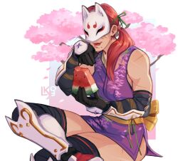 Rule 34 | 1girl, absurdres, arm guards, black gloves, cherry blossoms, closed mouth, crossed legs, elbow gloves, food, fox mask, fruit, gloves, highres, holding, holding food, invisible chair, japanese clothes, kimono, kunimitsu (tekken), lila (lilakeylk), lips, mask, mole, mole under mouth, ninja, obi, pink hair, purple kimono, red lips, sash, scar, scar on face, shin guards, short kimono, sitting, smile, solo, tekken, tekken tag tournament 2, twintails, watermelon, watermelon slice