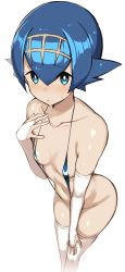 Rule 34 | 1girl, absurdres, ass, bare shoulders, blue eyes, blue hair, blue one-piece swimsuit, blush, breasts, collarbone, creatures (company), elbow gloves, fingerless gloves, game freak, gloves, greatmosu, hair between eyes, highres, lana (pokemon), looking at viewer, navel, nintendo, one-piece swimsuit, open mouth, pokemon, pokemon sm, shiny skin, short hair, simple background, slingshot swimsuit, small breasts, solo, spiked hair, sweatdrop, swimsuit, thighhighs, white background, white gloves, white thighhighs