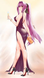 Rule 34 | 1girl, alcohol, alternate costume, ass, bag, bangle, bare arms, bare legs, bare shoulders, black footwear, black ribbon, bracelet, breasts, champagne, champagne flute, closed mouth, commentary request, cup, dress, drinking glass, evening gown, fate/grand order, fate (series), from side, hair intakes, hair ribbon, handbag, high heels, high ponytail, highres, holding, holding bag, holding cup, jewelry, large breasts, legs, long hair, looking at viewer, looking to the side, pelvic curtain, purple dress, red eyes, revision, ribbon, scathach (fate), sideboob, sidelocks, signature, sleeveless, sleeveless dress, smile, solo, toyoman, very long hair