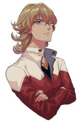 Rule 34 | 1boy, asada hachi, barnaby brooks jr., black shirt, blonde hair, closed mouth, commentary request, cropped torso, crossed arms, glasses, green eyes, hair between eyes, jacket, jewelry, looking at viewer, male focus, medium hair, necklace, red jacket, serious, shirt, simple background, solo, tiger &amp; bunny, white background, zipper, zipper pull tab
