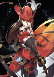 Rule 34 | 1girl, animal ears, black background, black footwear, black gloves, black ribbon, boots, brown eyes, brown hair, cat ears, cowboy shot, dual wielding, facial mark, feathers, final fantasy, final fantasy xiv, gloves, hat, hat feather, hat over one eye, highres, holding, holding sword, holding weapon, kieed, long hair, looking at viewer, miqo&#039;te, one eye covered, red hat, red mage (final fantasy), reverse grip, ribbon, simple background, solo, sword, weapon