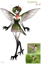 Rule 34 | 1girl, absurdres, ahoge, artist name, bare shoulders, bird, bird girl, bird tail, black footwear, blush, boots, breasts, character name, claws, cleavage, colored skin, commentary, dress, english commentary, feathered wings, feathers, flower, full body, gloves, green dress, green hair, hair flower, hair ornament, hibiscus, highres, looking at viewer, matilda fiship, medium breasts, monster girl, open mouth, original, personification, photo-referenced, photo inset, red eyes, reference photo, short dress, short hair, signature, simple background, smile, solo, sparkle, sparkling eyes, standing, tachi-e, tail, talons, white background, white skin, wings