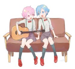 Rule 34 | 1boy, 1girl, :d, blue eyes, blue hair, bow, bowtie, braid, brother and sister, collared shirt, commentary request, couch, crossdressing, dorothy west, full body, grey shorts, grey socks, guitar, holding, holding guitar, holding instrument, instrument, kneehighs, loafers, machico maki, mole, mole under eye, on couch, open mouth, pink eyes, pink hair, plaid, plaid shorts, playing guitar, pretty series, pripara, red bow, red bowtie, red footwear, reona west, shirt, shoes, short hair, shorts, siblings, side braid, simple background, sitting, smile, socks, suspender shorts, suspenders, trap, twins, white background, white shirt