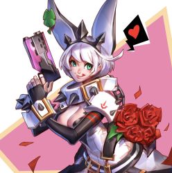 Rule 34 | 1girl, ahoge, animal ears, blue eyes, breasts, cleavage, dress, elphelt valentine, guilty gear, guilty gear xrd, gun, hairband, handgun, heart, highres, large breasts, reagan long, short hair, solo, spiked hairband, spikes, tongue, tongue out, weapon, white dress, white hair