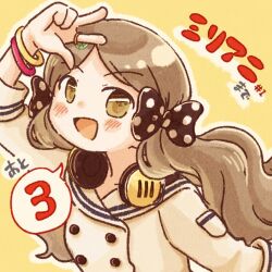 Rule 34 | 1girl, 77haniwa, arm up, blush, bow, bracelet, brown hair, buttons, commentary, finger counting, hair bow, handa roco, headphones, headphones around neck, idolmaster, idolmaster million live!, jacket, jewelry, long hair, long sleeves, looking at viewer, low twintails, open mouth, polka dot, polka dot bow, ring, smile, solo, spoken number, twintails, upper body, w, white jacket, yellow background, yellow eyes