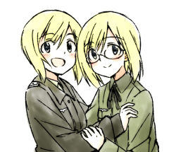Rule 34 | 2girls, :d, blonde hair, blue eyes, blush, bob cut, erica hartmann, glasses, hatopoo (beach7pijon), military, military uniform, multiple girls, open mouth, short hair, siblings, simple background, sisters, smile, strike witches, twins, uniform, ursula hartmann, white background, world witches series